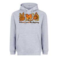 Heather Grey Peace Love Thanksgiving Heavyweight Hoodie - texasbilliewilder