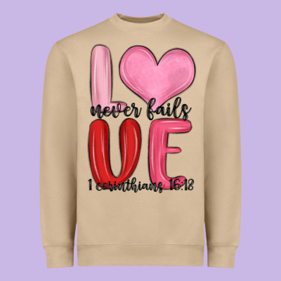 Love Never Fails Valentine S Day Heavyweight Sweatshirt Designed By Maliassmallbusiness
