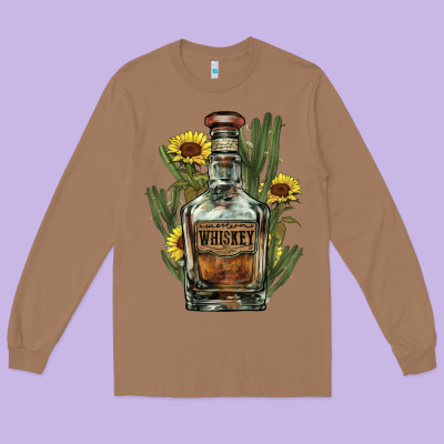 Western Whiskey Bottle Long Sleeve Tee Designed By Nancycooperartshop