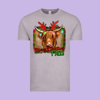Merry Christmas Y'all Highland Cow Vintage Tee Designed By Jasminsmagicworld