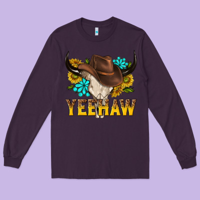 Yeehaw Bull Skull Long Sleeve Tee Designed By Nancycooperartshop