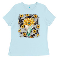 Baby Blue cowhide sunflower gemstone bull skull Ladies Tee - JahusDesignShop