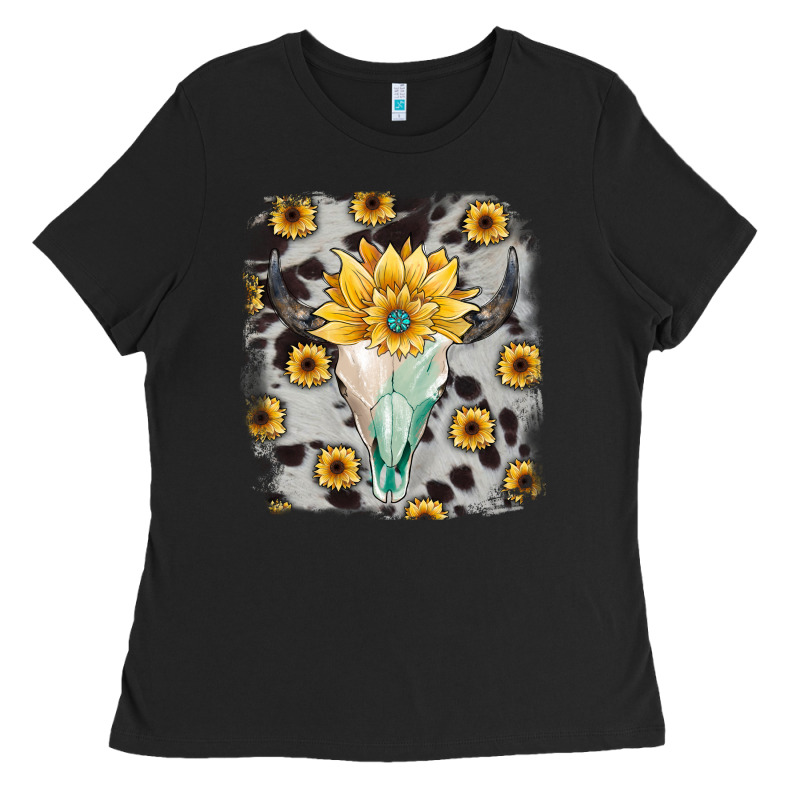 Cowhide Sunflower Gemstone Bull Skull Ladies Tee by JahusDesignShop | Teevron