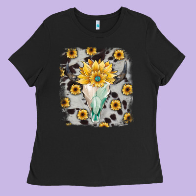 Cowhide Sunflower Gemstone Bull Skull Ladies Tee Designed By Jahusdesignshop