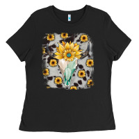 Black cowhide sunflower gemstone bull skull Ladies Tee - JahusDesignShop
