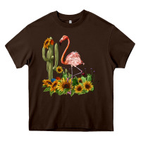 Chocolate Brown flamingo with cactus and sunflowers Heavy Core Tee - BarkalooDesign