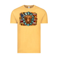 Vintage Mustard american flag sunflowers highland cow turquoise background Vintage Tee - Jasminsmagicworld