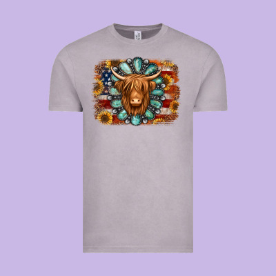 American Flag Sunflowers Highland Cow Turquoise Background Vintage Tee Designed By Jasminsmagicworld