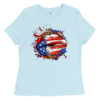 Baby Blue Leopard American flag lips Ladies Tee - Neo Western