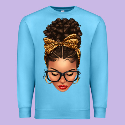 Light Skin Afro Messy Bun Leopard Bow Premium Sweatshirt Designed By Texasbilliewilder