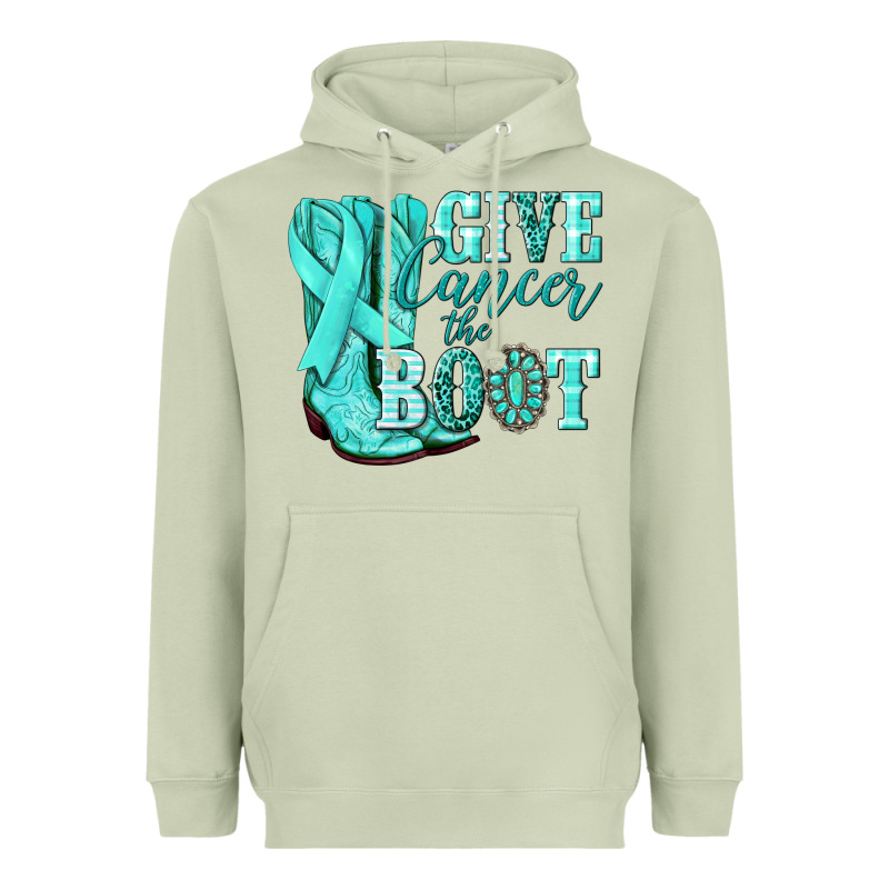 Give Cancer The Boot Ovarian Cancer Teal Ribbon Heavyweight Hoodie by NancyCooperArtShop | Teevron
