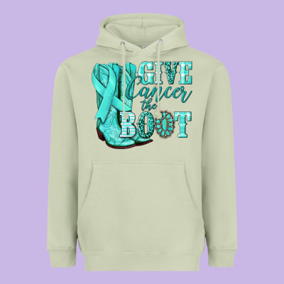 Give Cancer The Boot Ovarian Cancer Teal Ribbon Heavyweight Hoodie Designed By Nancycooperartshop