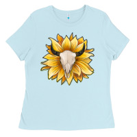 Baby Blue sunflower bull skull Ladies Tee - JahusDesignShop