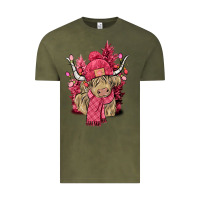Vintage Olive Pink winter long haired Cow Vintage Tee - NancyCooperArtShop