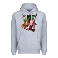 Heather Grey Cowgirl boots hat horns cactus Premium Hoodie - HowdyJamesFarm