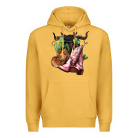 Mustard Cowgirl boots hat horns cactus Premium Hoodie - HowdyJamesFarm