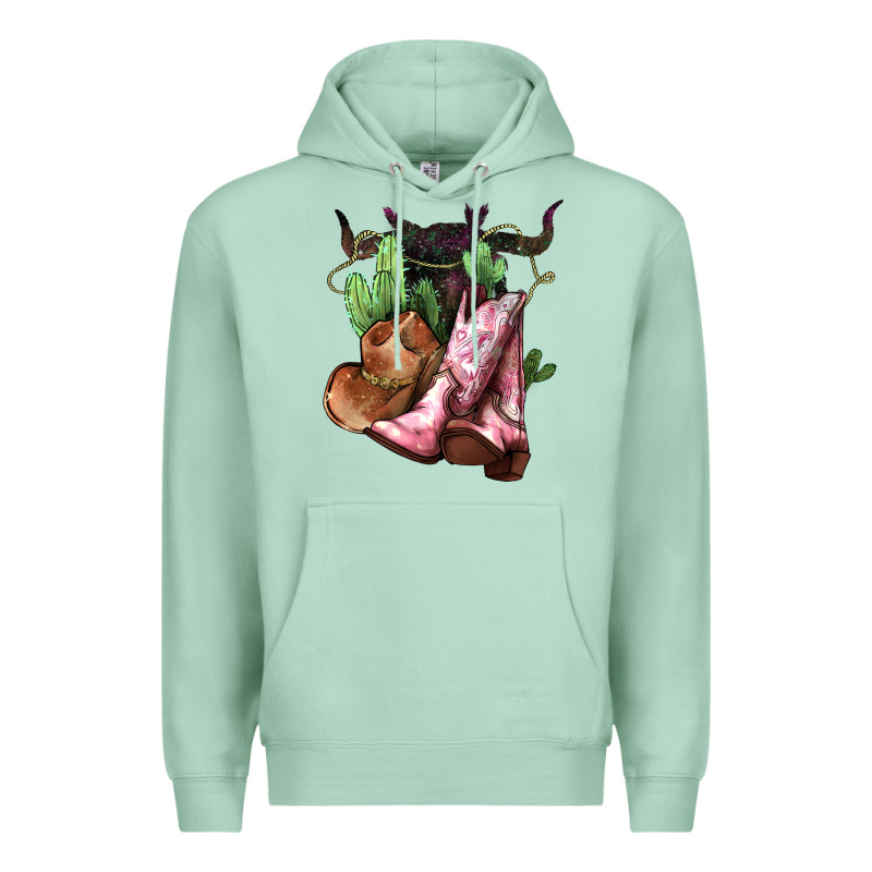 Cowgirl Boots Hat Horns Cactus Premium Hoodie by HowdyJamesFarm | Teevron