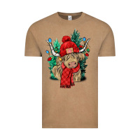 Vintage Coffee Red Christmas long haired Cow Vintage Tee - NancyCooperArtShop