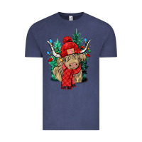 Vintage Denim Red Christmas long haired Cow Vintage Tee - NancyCooperArtShop