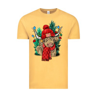 Vintage Mustard Red Christmas long haired Cow Vintage Tee - NancyCooperArtShop