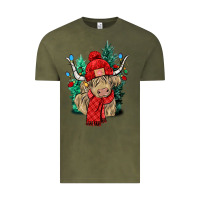 Vintage Olive Red Christmas long haired Cow Vintage Tee - NancyCooperArtShop