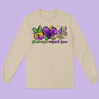 Peace Love Mardi Gras Long Sleeve Tee Designed By Maliassmallbusiness