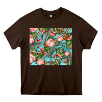 Chocolate Brown flamingos with leaves Heavy Core Tee - BarkalooDesign
