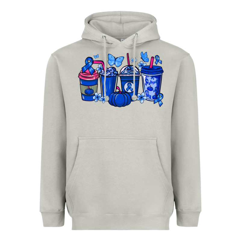 Colon Cancer Coffee Cups Blue Ribbon Heavyweight Hoodie by NancyCooperArtShop | Teevron
