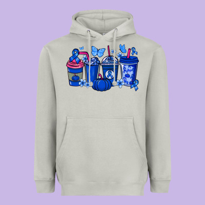 Colon Cancer Coffee Cups Blue Ribbon Heavyweight Hoodie Designed By Nancycooperartshop