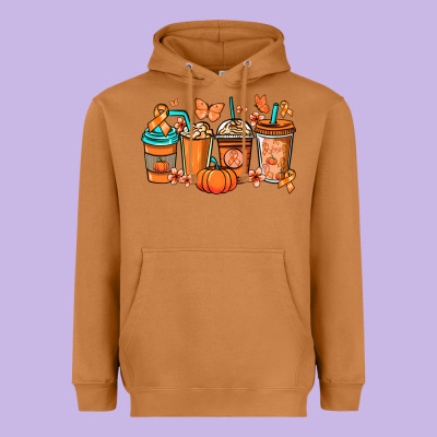 Kidney Cancer Coffee Cups Orange Ribbon Heavyweight Hoodie Designed By Nancycooperartshop