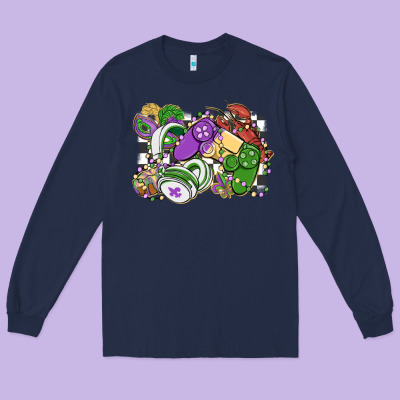 Gamer Mardi Gras Game Controller Long Sleeve Tee Designed By Maliassmallbusiness