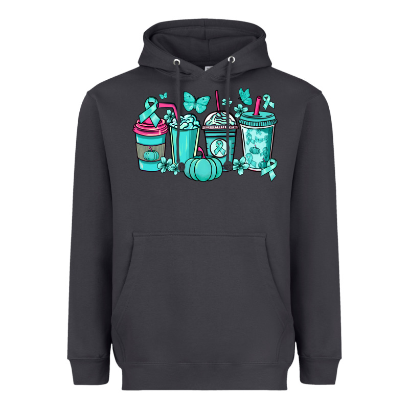 Ovarian Cancer Coffee Cups Teal Ribbon Heavyweight Hoodie by NancyCooperArtShop | Teevron