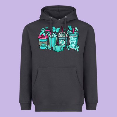 Ovarian Cancer Coffee Cups Teal Ribbon Heavyweight Hoodie Designed By Nancycooperartshop