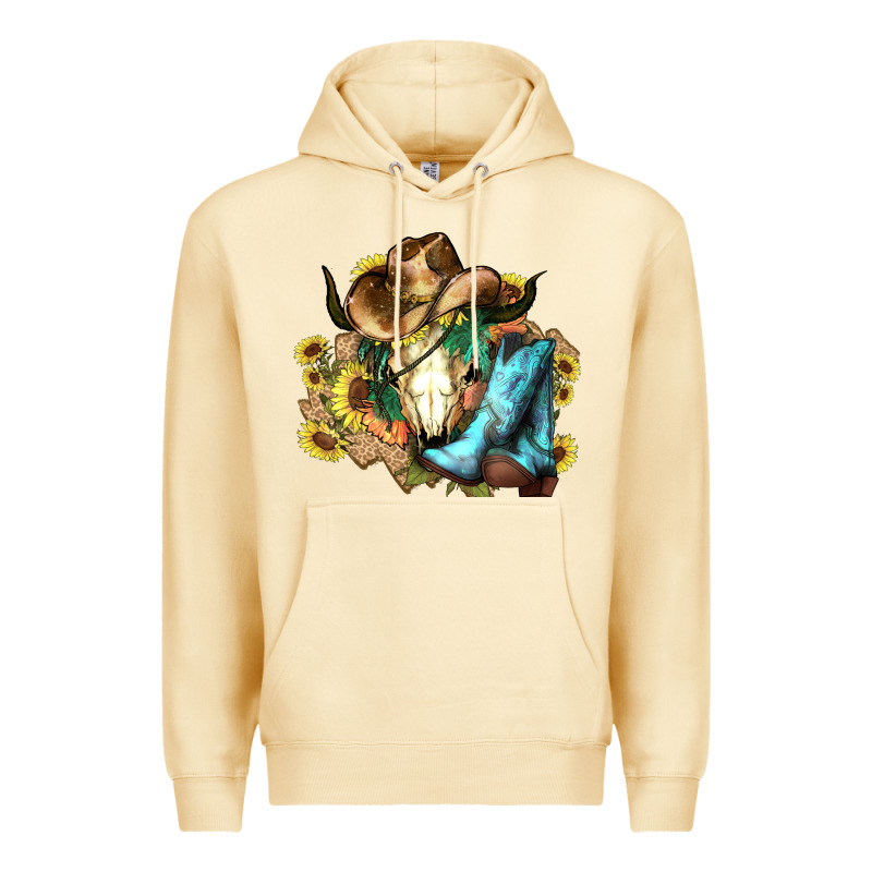 Cow Skull Cowboy Boots Hats Sunflowers Premium Hoodie by HowdyJamesFarm | Teevron