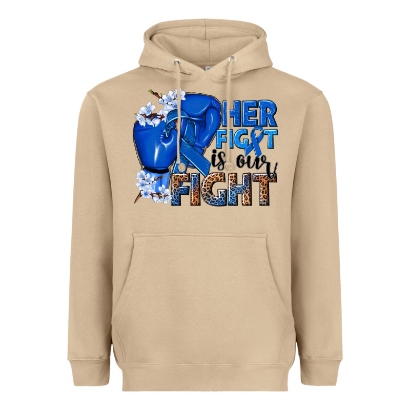 Her Fight Is Our Fight Colon Cancer Blue Ribbon Heavyweight Hoodie by NancyCooperArtShop | Teevron