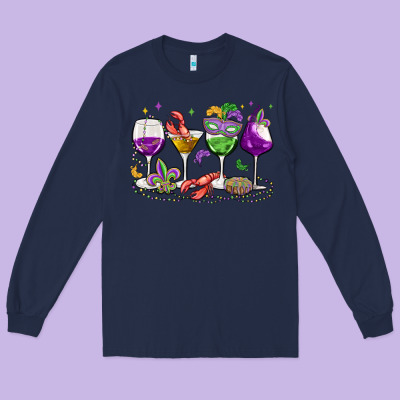 Mardi Gras Wine Glasses Long Sleeve Tee Designed By Maliassmallbusiness
