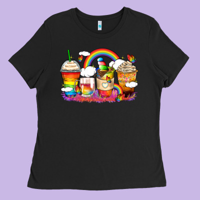 Rainbow Coffee Cups Ladies Tee Designed By Zillion Design Studio