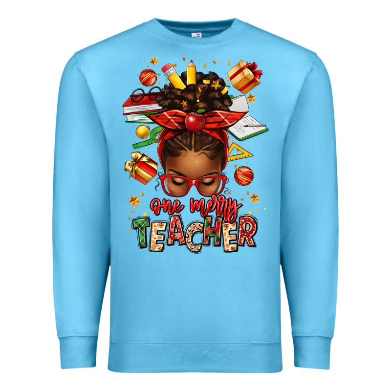 One Merry Teacher Afro Messy Bun Premium Sweatshirt by texasbilliewilder | Teevron