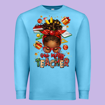 One Merry Teacher Afro Messy Bun Premium Sweatshirt Designed By Texasbilliewilder
