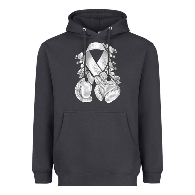 Lung Cancer White Ribbon With Boxing Gloves Heavyweight Hoodie by NancyCooperArtShop | Teevron