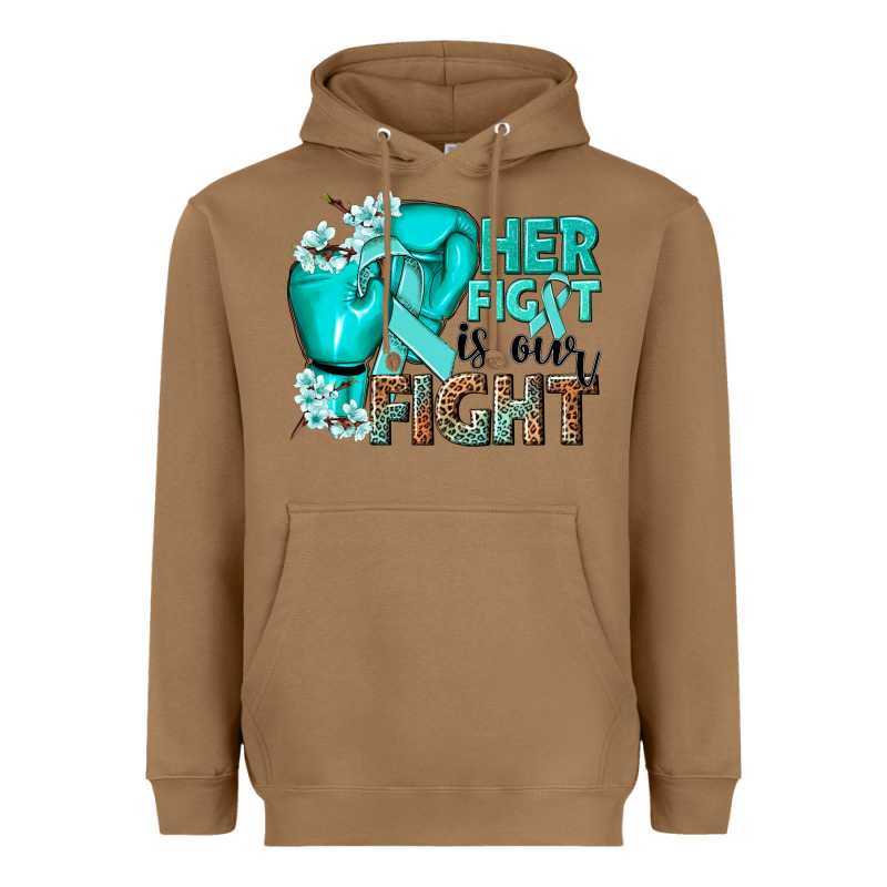 Her Fight Is Our Fight Ovarian Cancer Teal Ribbon Heavyweight Hoodie by NancyCooperArtShop | Teevron