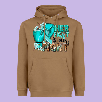 Her Fight Is Our Fight Ovarian Cancer Teal Ribbon Heavyweight Hoodie Designed By Nancycooperartshop