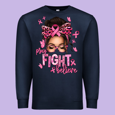 Pray Fight Believe Breast Cancer Afro Messy Bun Premium Sweatshirt Designed By Texasbilliewilder