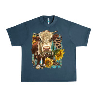 Midnight Navy Hereford heifer with sunflower and leopard Urban Heavy Tee - LillyAllenDesigns