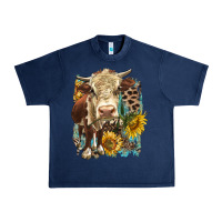 Navy Hereford heifer with sunflower and leopard Urban Heavy Tee - LillyAllenDesigns