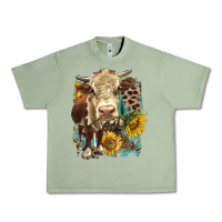 Oil Green Hereford heifer with sunflower and leopard Urban Heavy Tee - LillyAllenDesigns