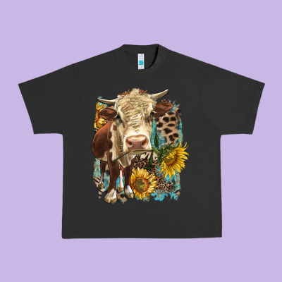 Hereford Heifer With Sunflower And Leopard Urban Heavy Tee Designed By Lillyallendesigns