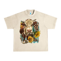 Sandshell Hereford heifer with sunflower and leopard Urban Heavy Tee - LillyAllenDesigns