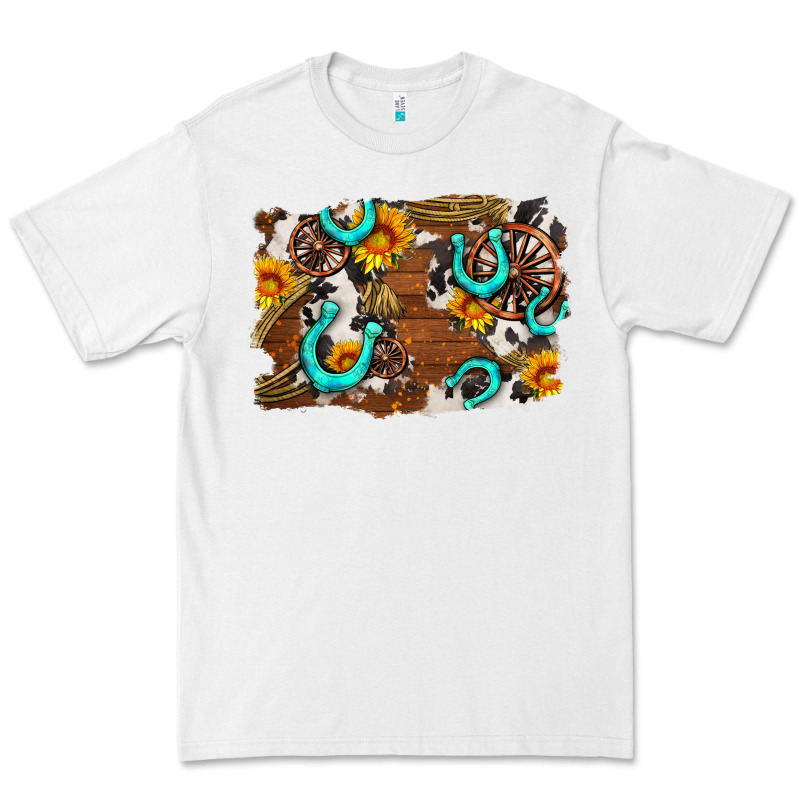Western Cowhide Horseshoe Sunflower Background Premium Tee by AdoDesignShop | Teevron