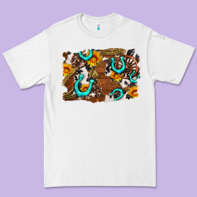 Western Cowhide Horseshoe Sunflower Background Premium Tee Designed By Adodesignshop
